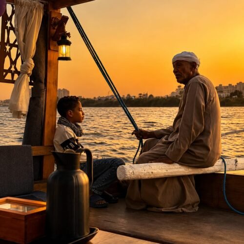 Traditional wooden felucca sailing on the Nile River in Cairo with stunning city skyline views during a private Cairo city tour.