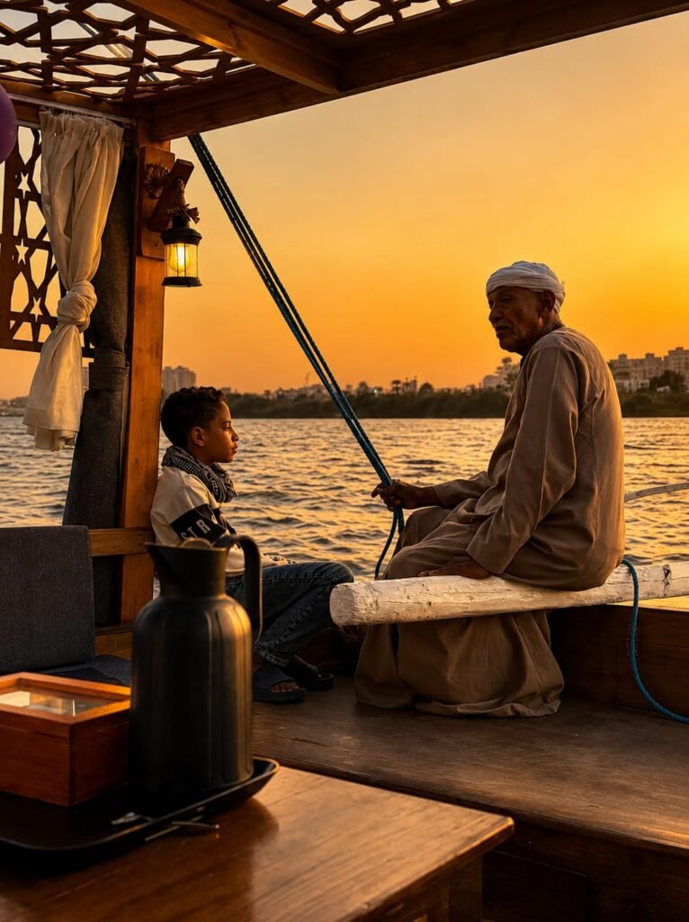 Traditional wooden felucca sailing on the Nile River in Cairo with stunning city skyline views during a private Cairo city tour.